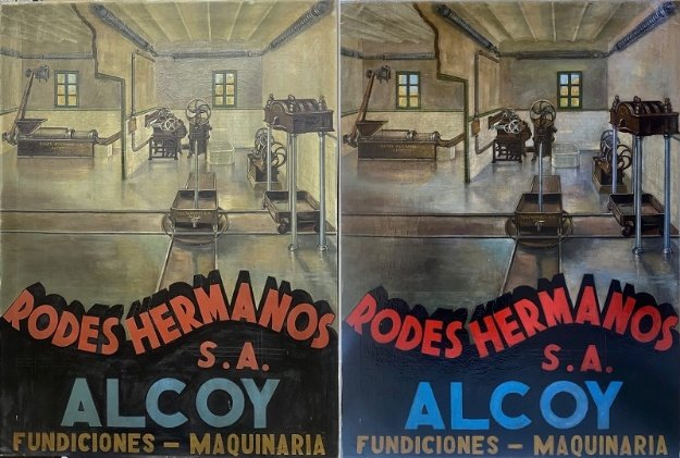 Cartel publicitario antes y después de la restauración.