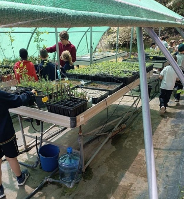 Alumnos atendiendo las explicaciones del educador ambiental en un huerto urbano