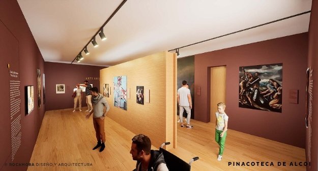 Recreación virtual de una sala con público de la futura pinacoteca municipal d'Alcoi