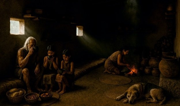 Ilustración que representa una familia en la Edad de Bronce